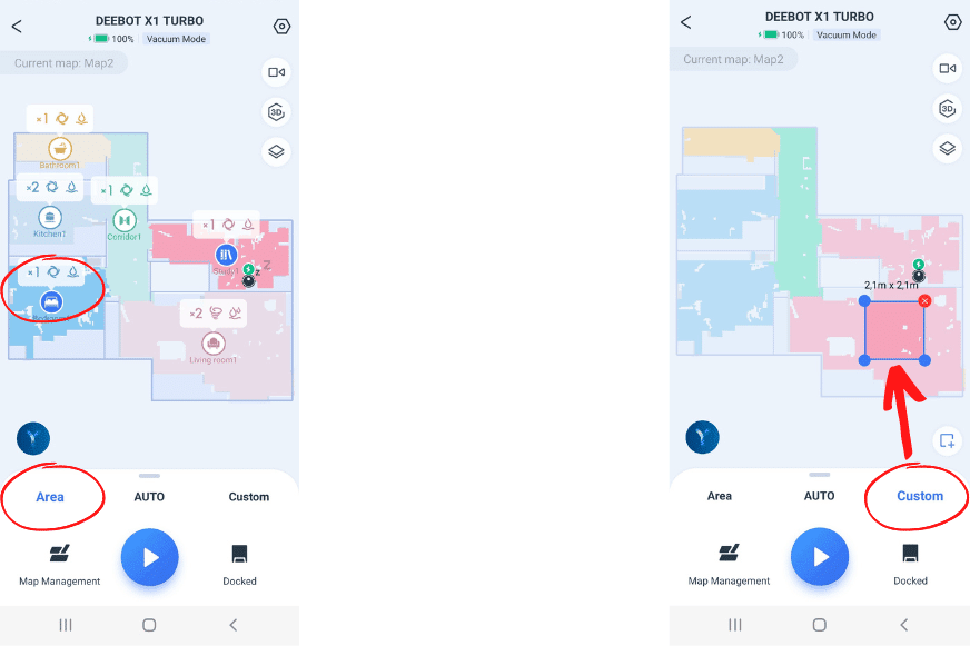 Einzeltraumreinigung bzw. Bereichsreinigung wird in der Ecovacs Deebot X1 Turbo App ausgewählt